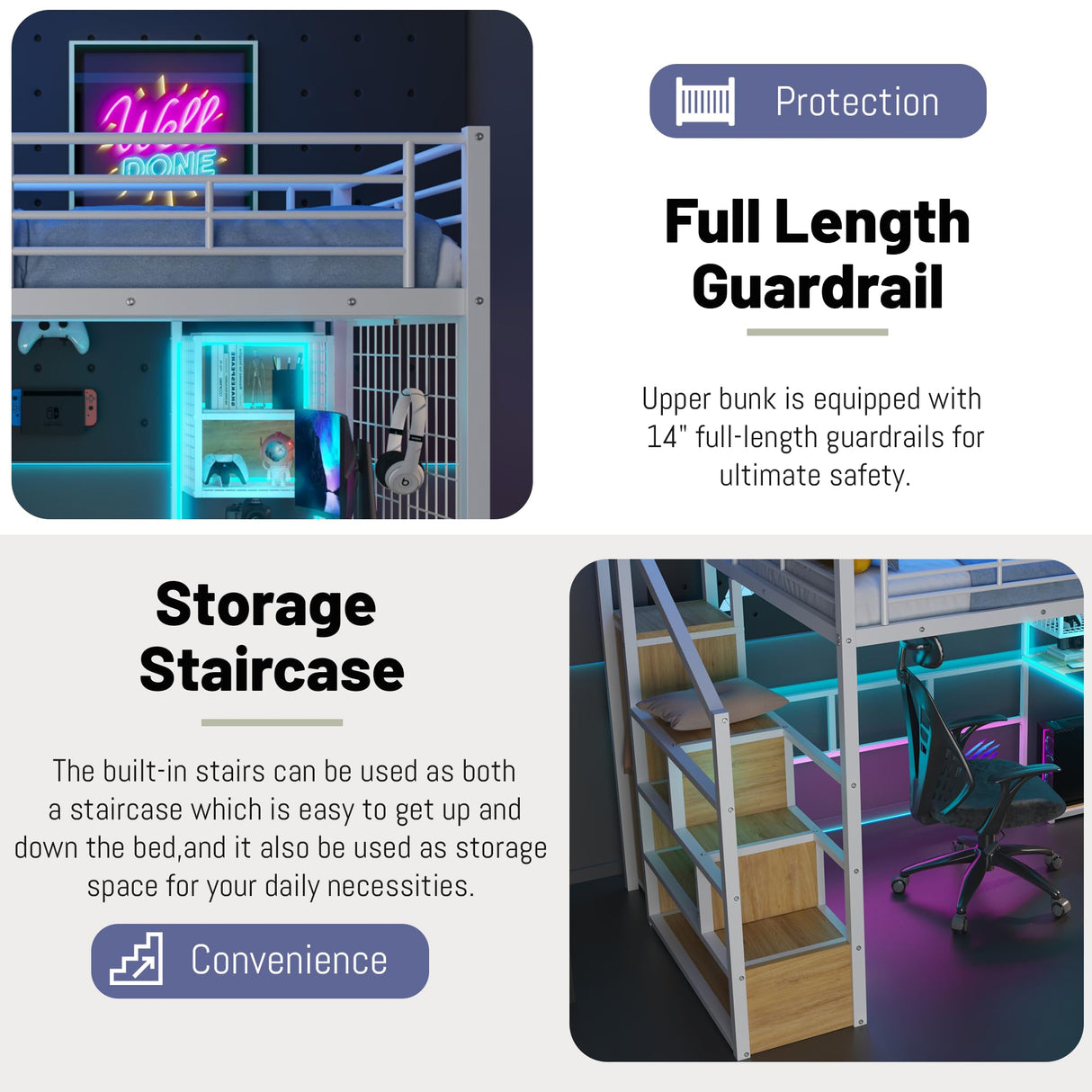 MoproBeti Full Size Loft Bed with Desk and Storage Stairs,Metal Gaming Loft Bed Full with LED Lighting, High Loft Bed with Wardrobe and Shelves for Boys,Girls,Teens, Adults,White MoproBeti