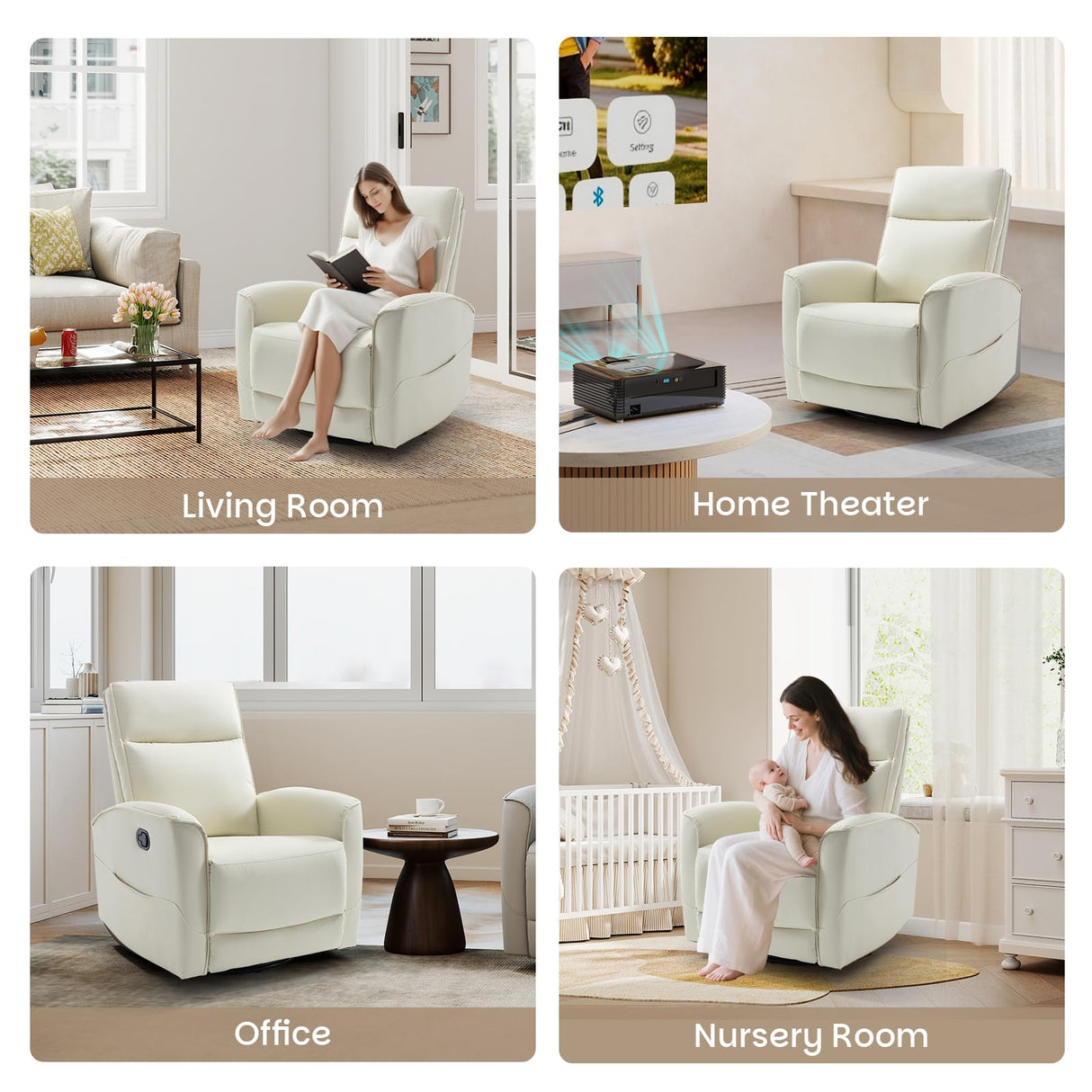 CANMOV Rocker Recliner Chair,360°Swivel Nursery Glider Recliner,Manual Recliner Sofa with Padded Armrest and Backrest,Leather Recliner for Small Spaces,Living Room,Bedroom,White CANMOV