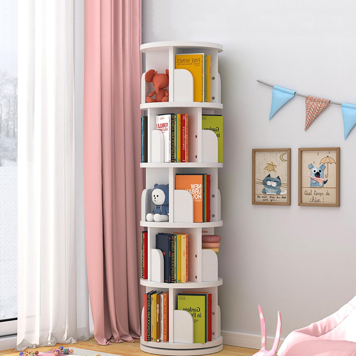 Modern 5-Tier Rotating Bookshelf - 360° Revolving Storage Rack for Home & Office - White foriy