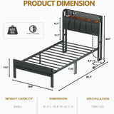 Furnulem Twin Size Bed Frame with LED Lighting, Charging Station, and Upholstered Storage Headboard in Grey Furnulem
