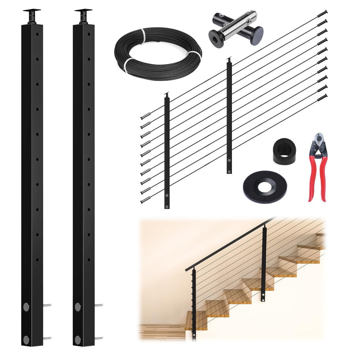 Muzata 5ft-10ft Cable Railing Kit 36" 2PACK Black Side Mount Stair Posts PF01 with 150ft 1/8 Stainless Steel Wire Rope WR19 Cable Railing System DIY Kit (No Handrail), RWF1 BA4S Muzata