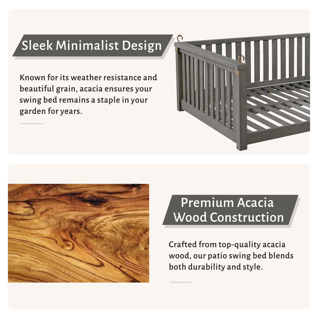 LUMISOL Twin Size Patio Swing Bed, Wooden Porch Swing Frame with Ropes, All Weather Hanging Porch Bed for Garden, Backyard, Patio, Safe Sloped Design, Grey LUMISOL