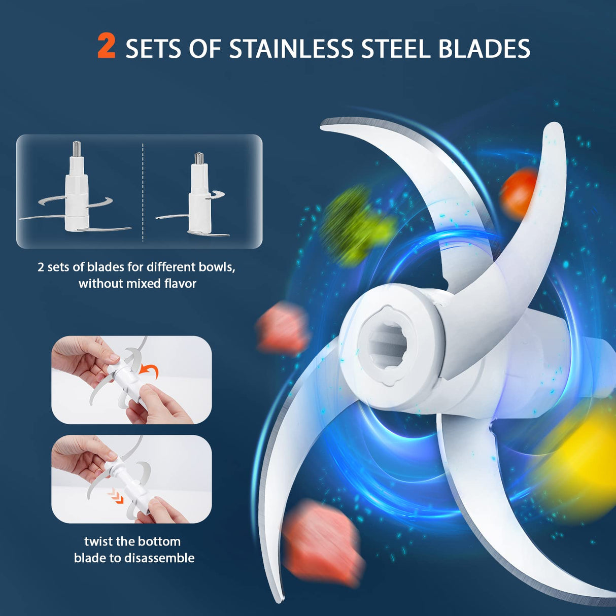 Bear Food Processor, Electric Food Chopper with 2 Glass Bowls (8 Cup+2.5 Cup), 400W Power Grinder with 2 Sets Stainless Steel Blades, 2 Speed for Meat, Vegetables, and Baby Food Bar