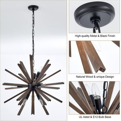 VANZARLA 9-Light Sputnik Pendant Light Black, Farmhouse Wood Chandelier for Dining Room Industrial Hanging Light Fixture Ceiling for Bedroom Entryway Kitchen Foyer Living Room