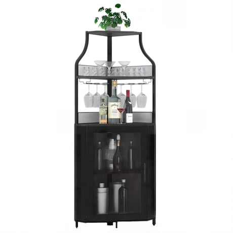 Tioutbot Corner Bar Cabinet - Wine Bar Cabinet and Glass Holder 5-Tiers Storage Space Corner Liquor Cabinet Industrial Wine Cabinet for Small Space with Glass Holder and Mesh Door for Dining Room Tioutbot