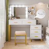 Semiocthome Makeup Vanity Desk with Mirror and Lights, Make Up Vanity Table Set with Power Outlet, Shelves and 5 Drawers, 3 Lighting Modes & Adjustable Brightness Dressing Table with Chair - White Semiocthome