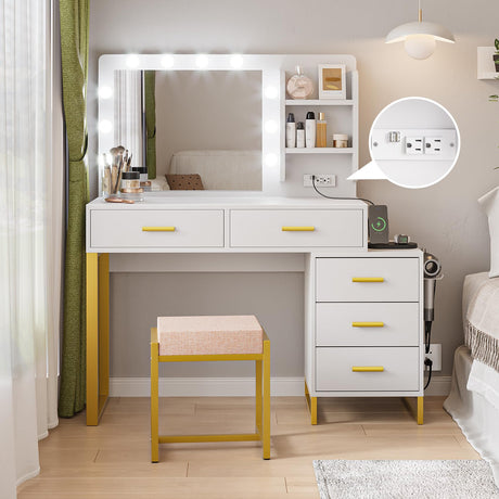 Semiocthome Makeup Vanity Desk with Mirror and Lights, Make Up Vanity Table Set with Power Outlet, Shelves and 5 Drawers, 3 Lighting Modes & Adjustable Brightness Dressing Table with Chair - White Semiocthome