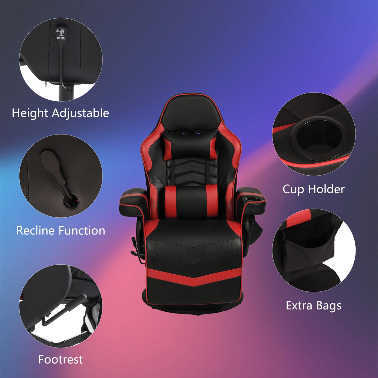 IBXFO Massage Gaming Chair for Adults, Heavy Duty Reclining Office Chair with Footrest, Adjustable Backrest and Cup Holder, Black Red IBXFO