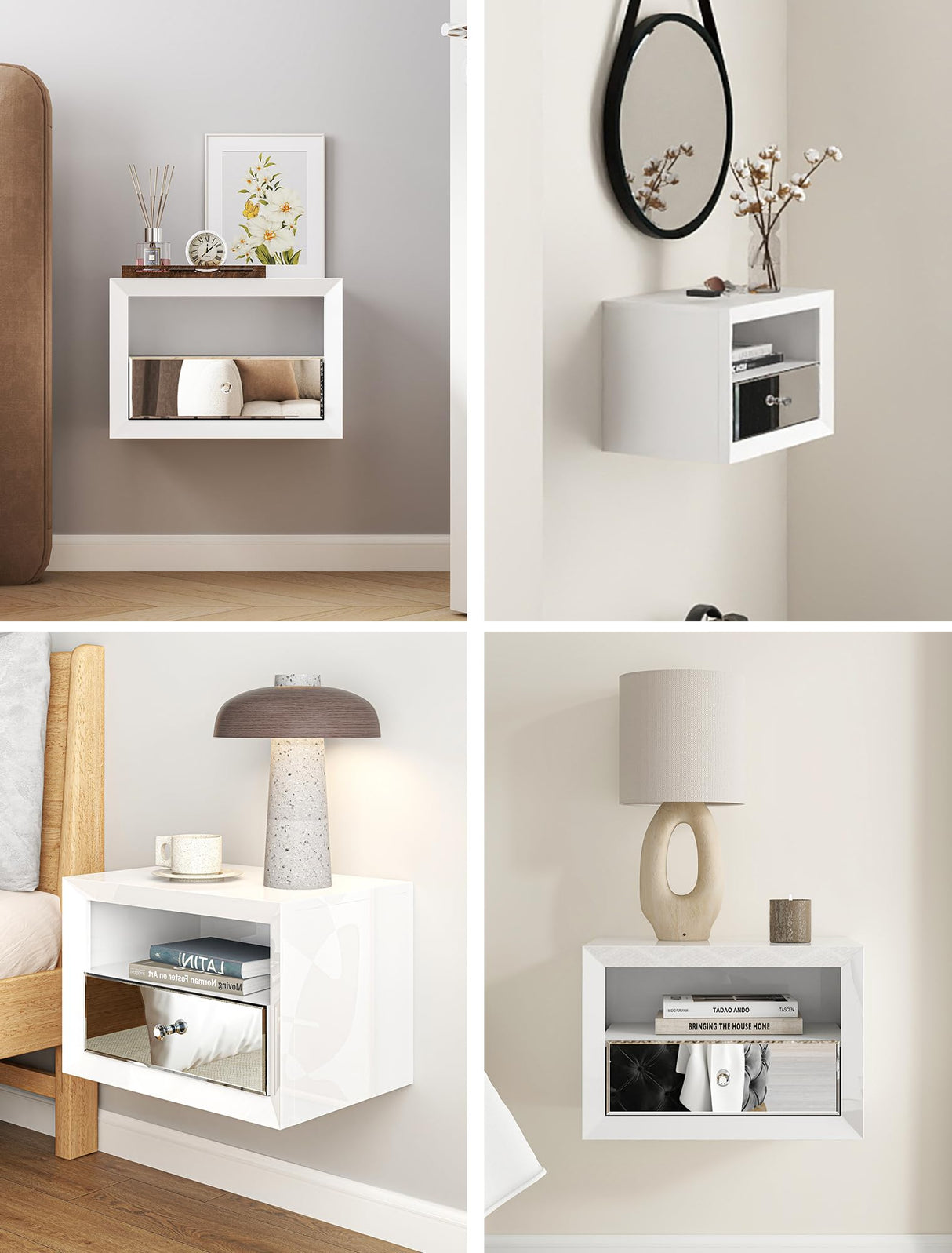 blingworld Floating Nightstand Mirrored, White Wall Mounted Night Stand with Mirrored Storage Drawer Premium Quality Floating End Table blingworld