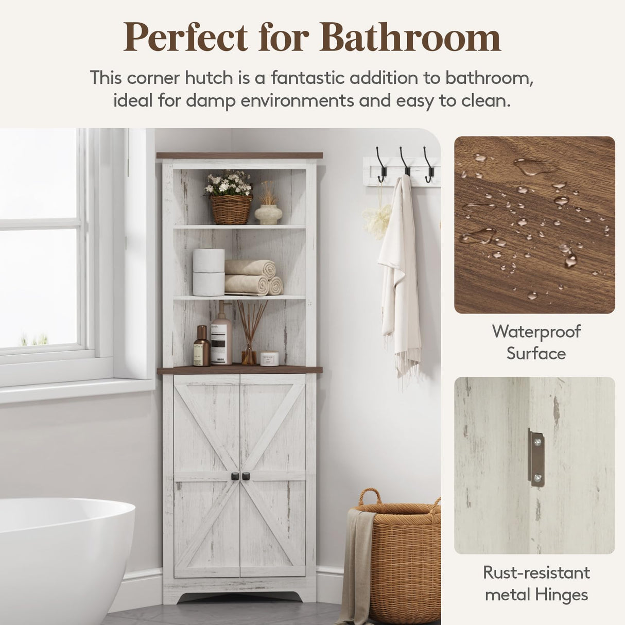 Lifewit Tall Corner Cabinet, Farmhouse Storage Cabinet with Barn Door Design & Adjustable Shelves, Home Space Saver for Bathroom, Living Room, Rustic White Lifewit