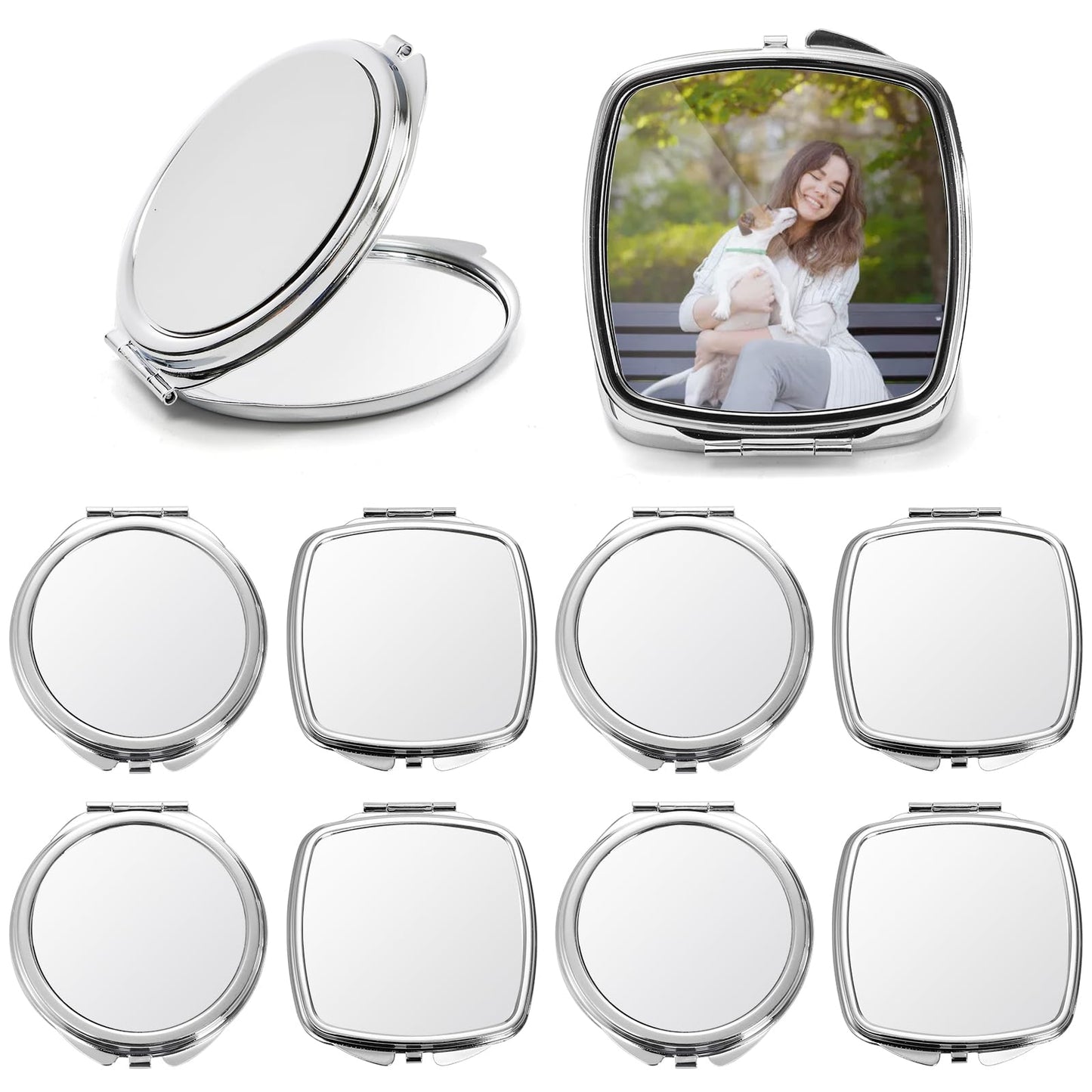 Acshio 8 Pack Sublimation Pocket Mirror, Mini Metal Folding Compact Makeup Mirror, Portable Double-Sided Magnifying Travel Cosmetic Mirror for Purse Women Gift Daily Use