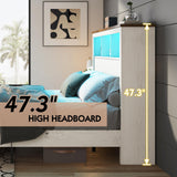 LUXOAK King Size Bed Frame with Bookcase Storage Headboard & Footboard, Farmhouse Wood Platform Bed with LED Light & Charging Station, No Box Spring Needed, White LUXOAK