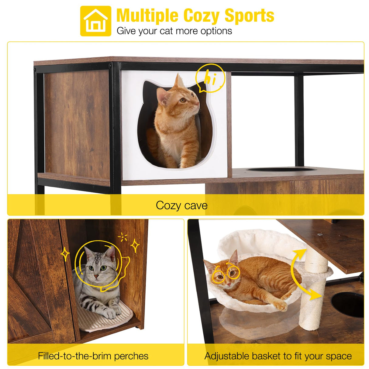 Aivituvin Cat Litter Box Enclosure, Litter Box Furniture Hidden, Wooden Cat Washroom Furniture, Indoor Cat House with Condo, Hammock, Scratching Mat and Storage Shelves Aivituvin