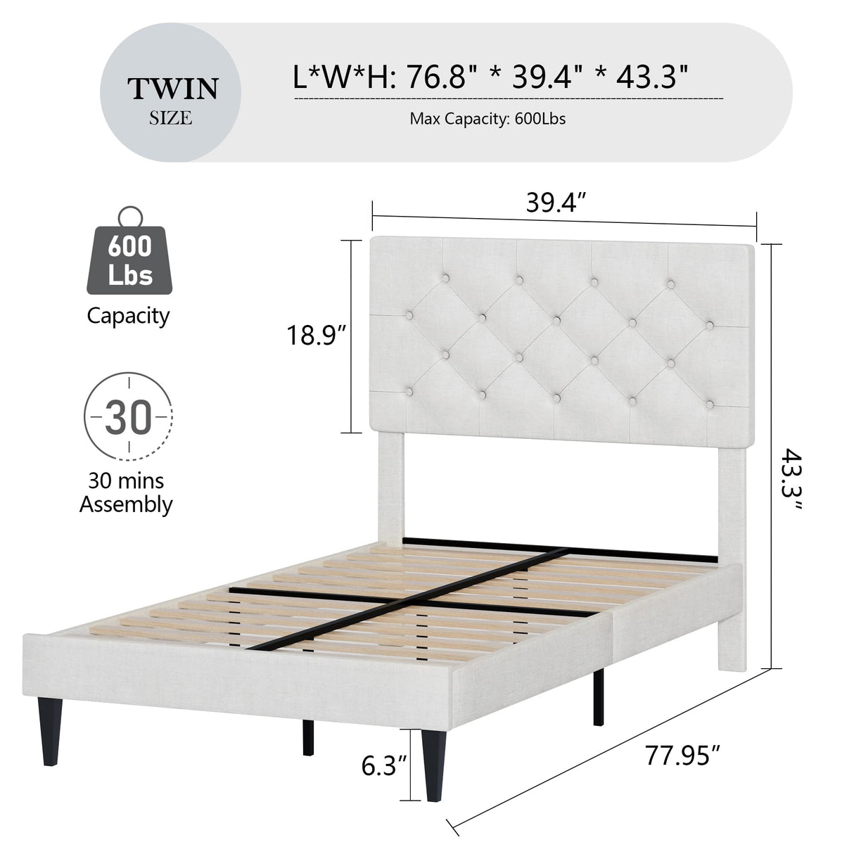 Twin Bed Frame, Upholstered Platform Bed with Button Tufted Headboard, Fabric Bed Frame with Wooden Slats Support, No Box Spring Required, Easy Assembly, White BarnFurin