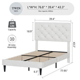 Twin Bed Frame, Upholstered Platform Bed with Button Tufted Headboard, Fabric Bed Frame with Wooden Slats Support, No Box Spring Required, Easy Assembly, White BarnFurin