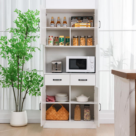 Walmokid 71" Tall Kitchen Pantry Cabinet，Farmhouse Storage Cabinet with Barn Doors and Adjustable Shelves, Heavy Duty White Microwave Cabinet with Drawers for Dining Room, Living Room Walmokid
