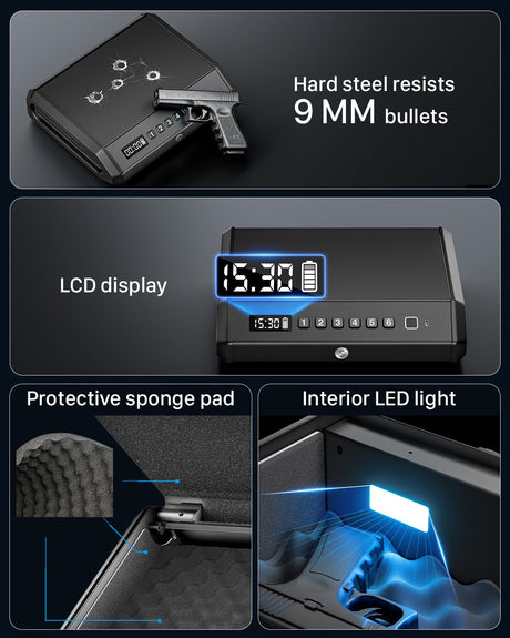 TOPMEDA Large Biometric Gun Safe fits 4 Pistols, 100 Sets of Fingerprint Handgun Safe with Internal Light & Silent Mode, Gun Lock Box for Home Bedroom Bedside Nightstand and Car TOPMEDA
