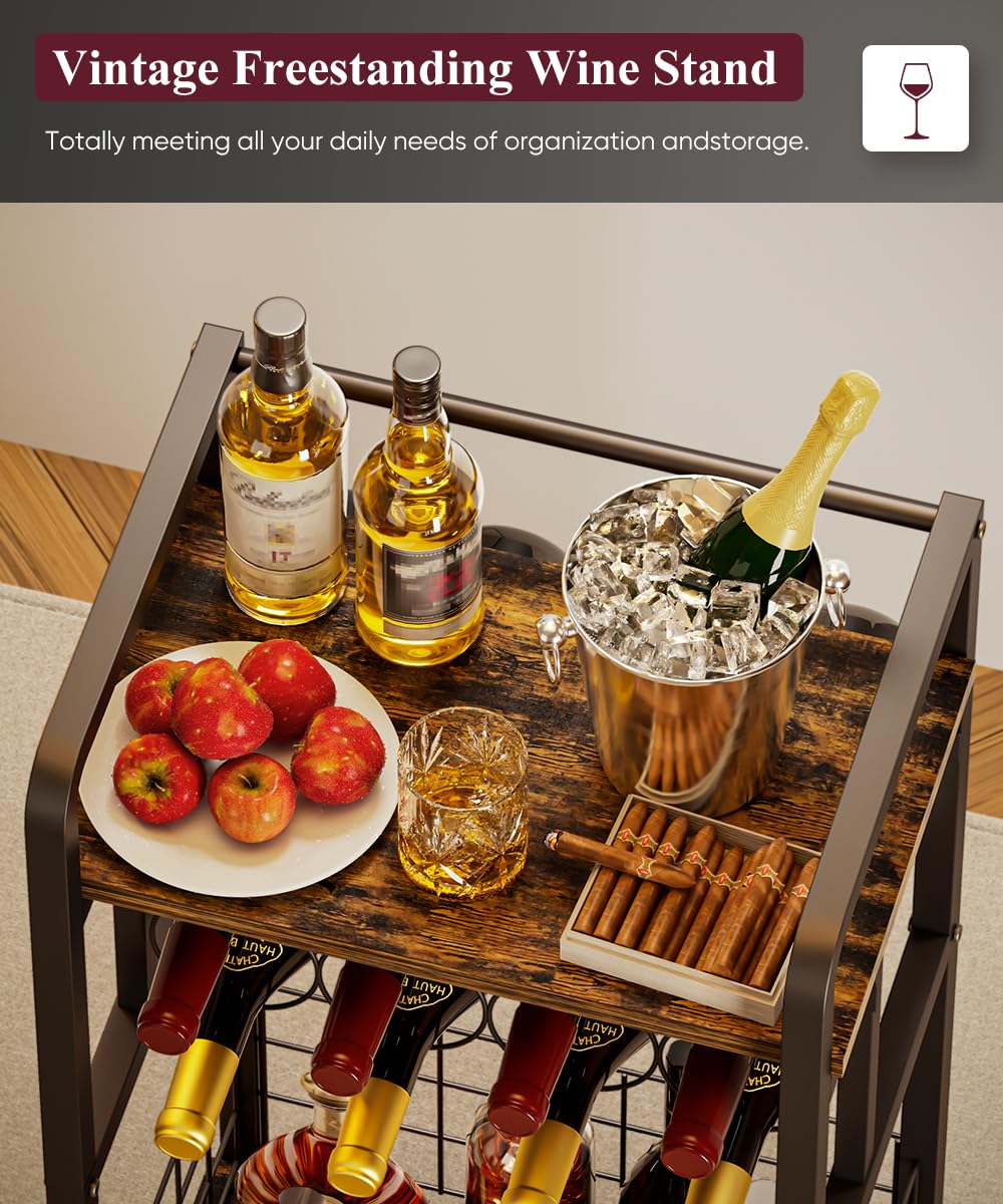 Ansionsol 3-Tier Wine Rack Freestanding Floor with Wood Top, Liquor Stand with Wine Bottle Holder, Corner Mini Bar Table for Small Space, Metal Whiskey Shlef for Kitchen, Cellar, Living Room, Black Ansionsol