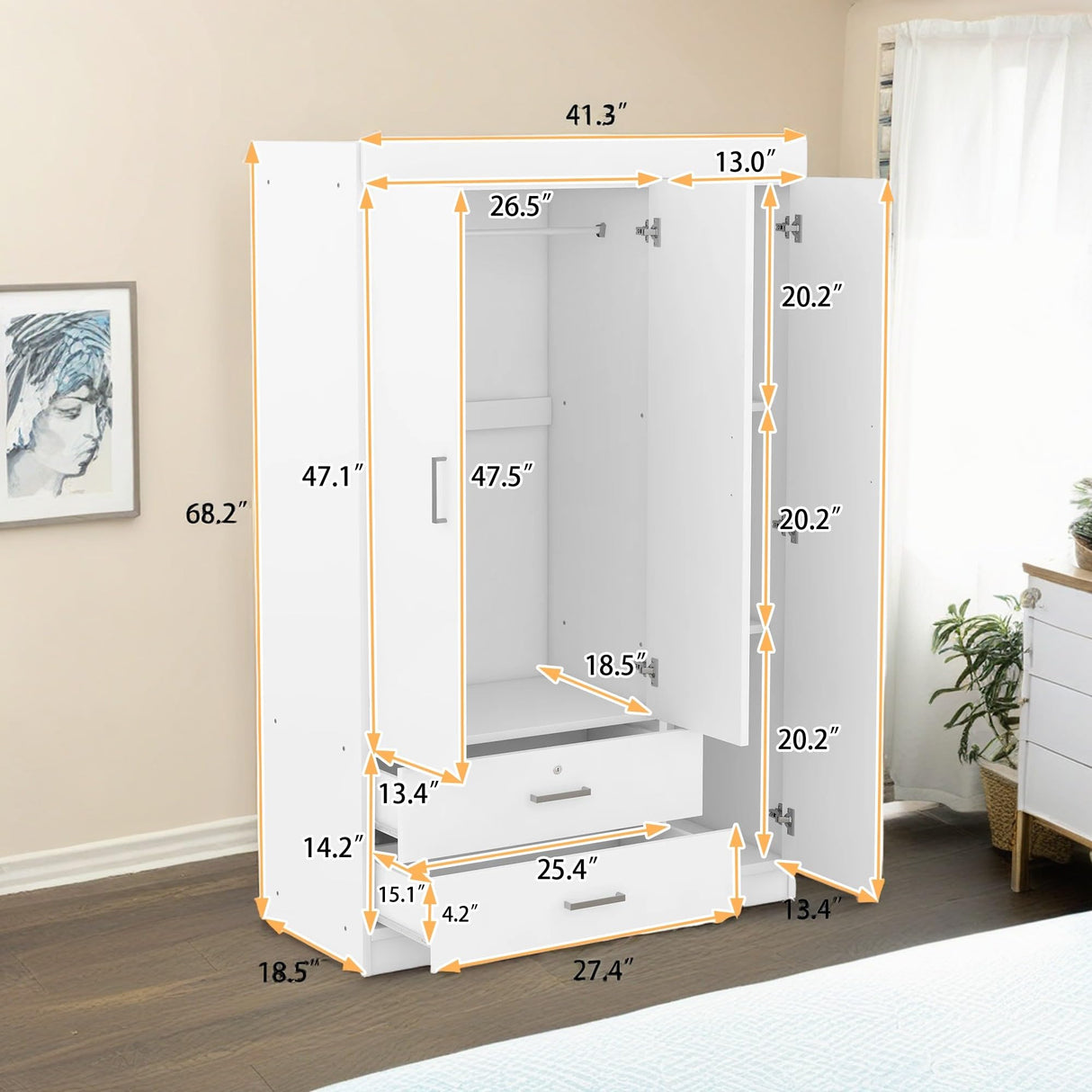 KELRIA Modern 3-Door Wardrobe with 2 Drawers, 3-Tier Storage-Cubes and Hanging Rail, Large Freestanding Armoire Wardrobe Closet, Clothes Storage Cabinet Organizer for Bedroom, White KELRIA