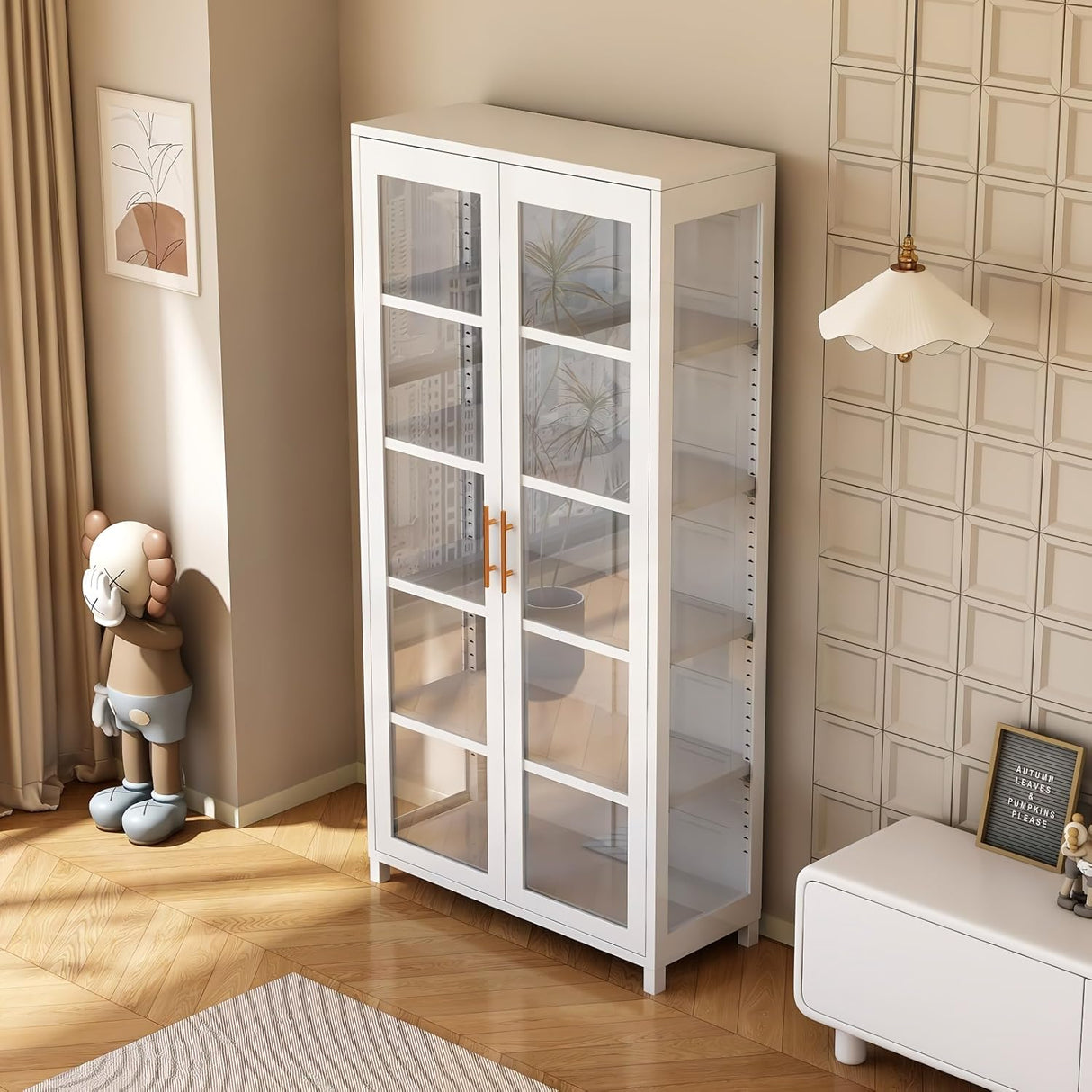 Glass Display Cabinet, 5-Tier Curio Cabinet with Glass Doors, Metal Display Case with Adjustable Shelves, Display Cabinet for Collectibles & Toy Organizer for Home, Office, Playroom, Living Room Orixal