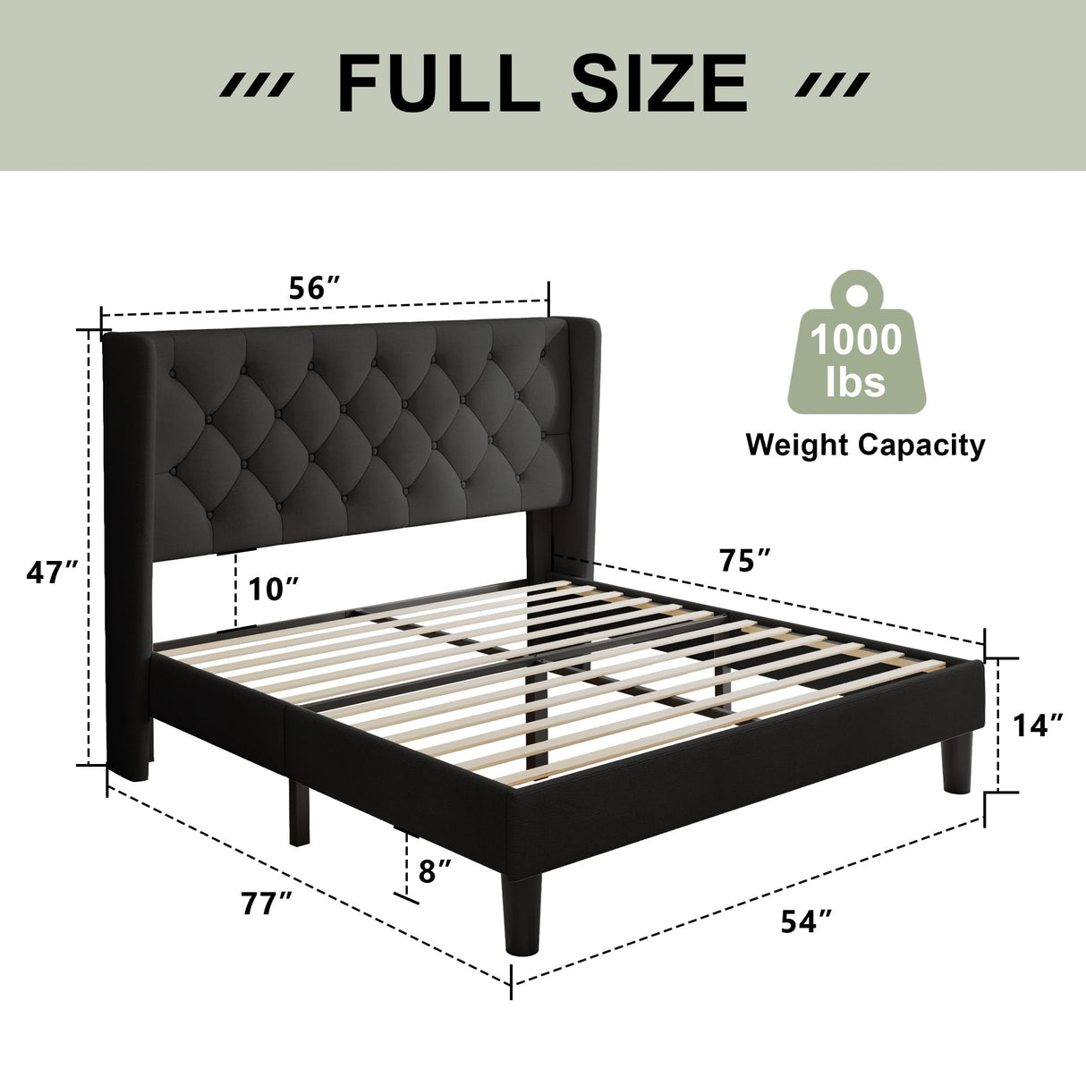 Feonase Full Size Bed Frame with Upholstered Wingback Headboard,Button Tufted Platform Bed and Heavy Duty Wooden Slats Support,Easy Assembly, Noise-Free,No Box Spring Needed, Black Feonase