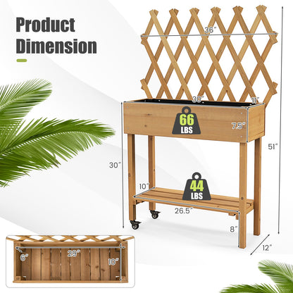 Toolsempire Raised Garden Bed with Trellis, Fir Wood Elevated Planter Bed with Legs, 2 Lockable Wheels & Storage Shelf, Wooden Planter Box Raised Bed for Gardening, Backyard, Balcony & Greenhouse