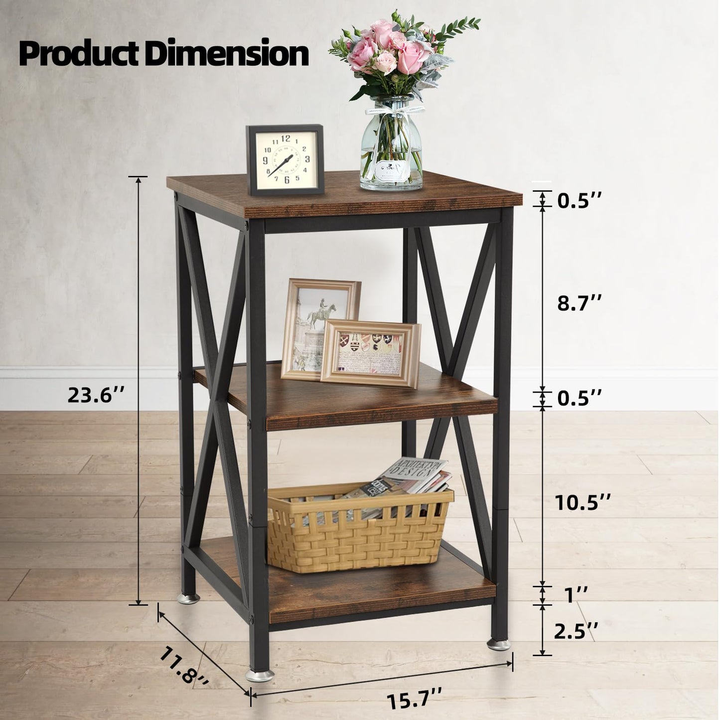 End Tables Living Room Set of 2 Farmhouse, Side Table with Storage Shelf, 16" W x 12" D x 24" H, 3 Tier Side Table Set of 2, X-Shaped Night Stands Set of 2 for Bedrooms, Coffee Table Set of 2 - WoodArtSupply