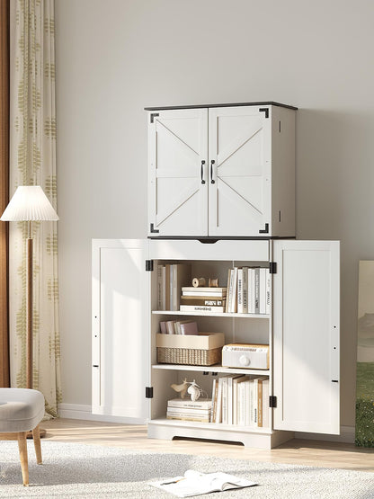 Kitchen Pantry Storage Cabinet 72” Tall, Bathroom Storage Cabinet with 4 Adjustable Shelves and 1 Drawer, Metal Storage Cabinet Freestanding Cupboard for Kitchen, Dining Room, Bathroom (White)