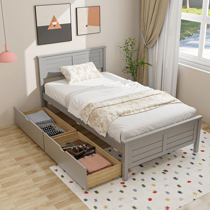 Giantex Grey Twin Platform Bed with 2 Storage Drawers and Solid Wood Headboard - WoodArtSupply