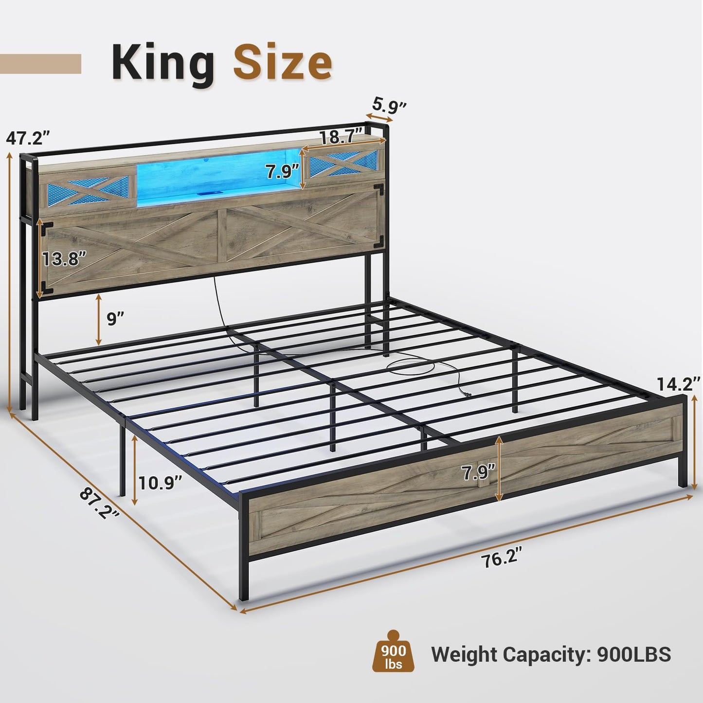 Hasuit Rustic Oak King Size Bed Frame with LED Lights, Charging Station, and Storage Headboard - WoodArtSupply