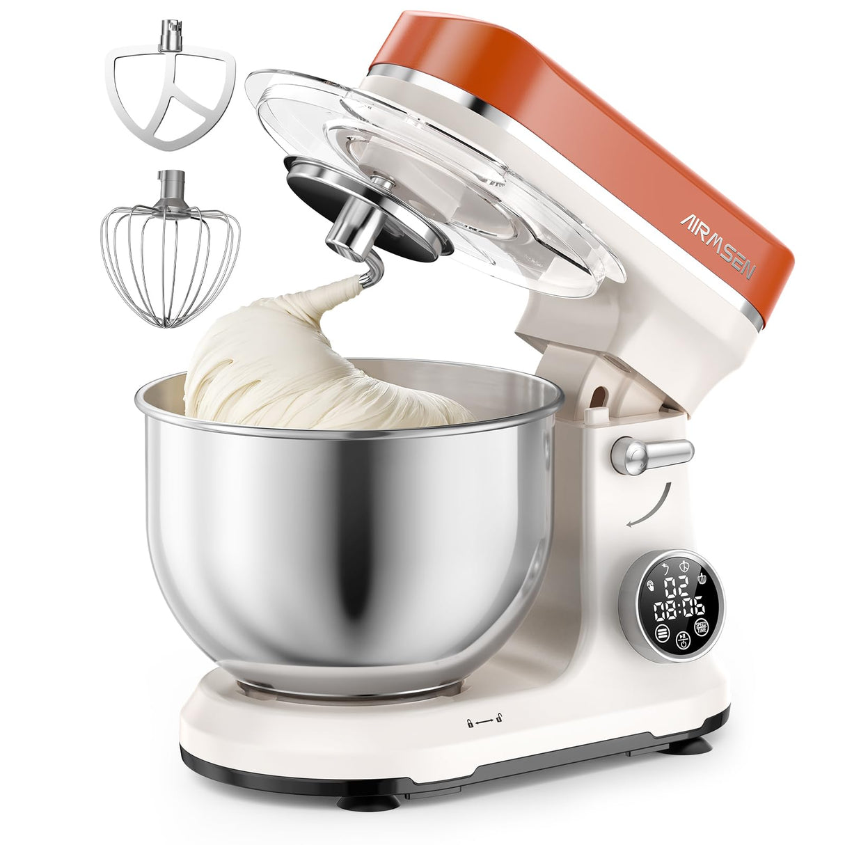 AIRMSEN Automatic Stand Mixer with LED Touchscreen & Timer - 11 Speed Tilt-Head Dough Mixer Fits 5.3QT Bowl & 3-IN-1 Attachments - Kitchen Electric Mixer for Bread Cake Baking - Beige and Orange AIRMSEN