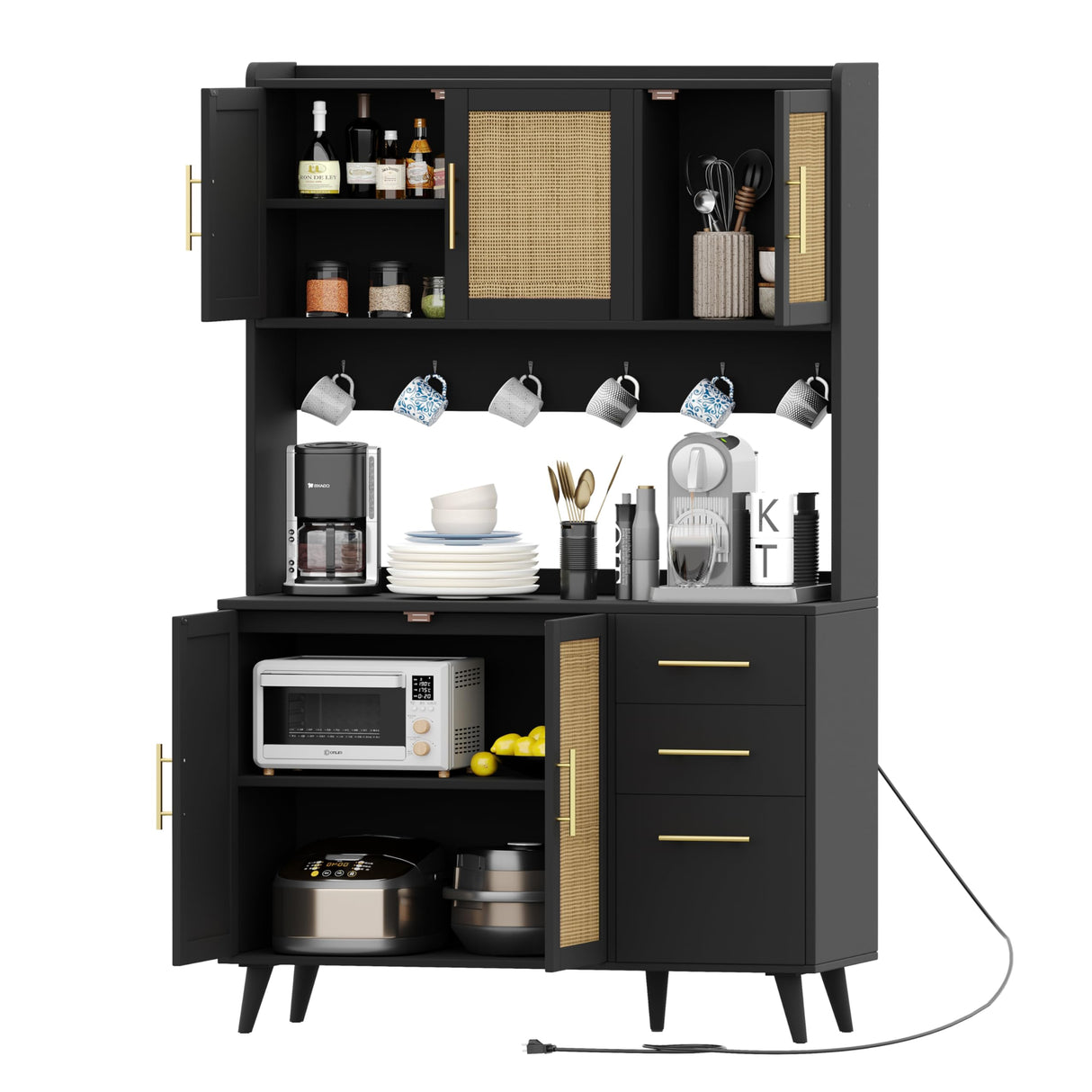 Rovaurx 70.9" Kitchen Pantry Cabinet with Microwave Shelf, Rattan Freestanding Storage Cabinet with Charging Station, Sideboard Buffet Cabinet with Drawers and Doors, Black and Natural KBG002BME Rovaurx