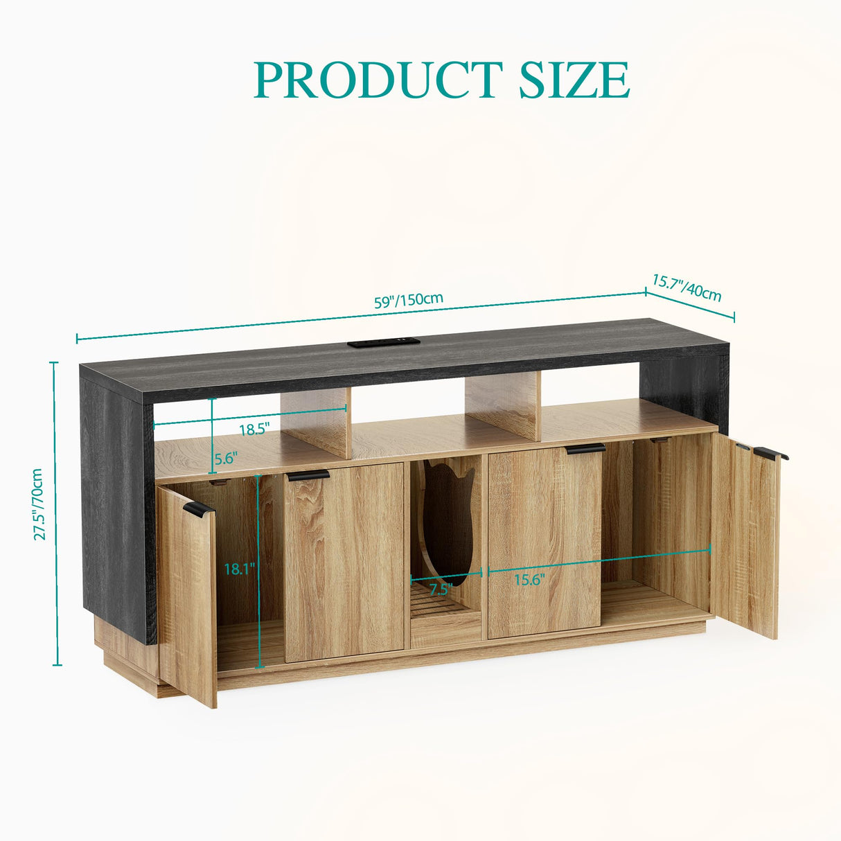 YITAHOME Double Hidden Cat Litter Box Enclosure with Power Outlet & LED Light, 60 Inch Dual Kitty Litter Box TV Stand Furniture for 2 Cats, Wooden Cat Cabinet for Indoor Cats, Grey Oak YITAHOME