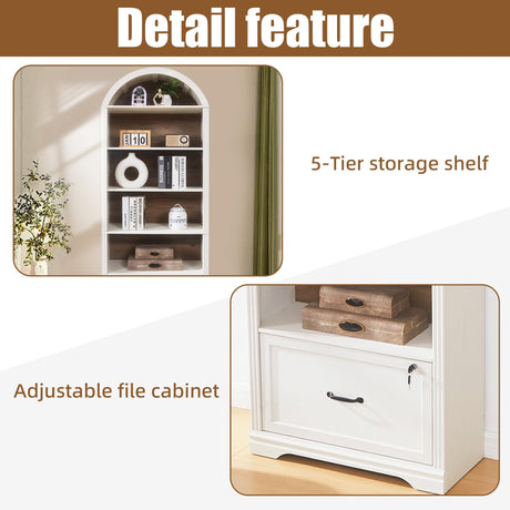 5 Tiers Farmhouse Arch Bookshelf with Lockable Drawers,70”Tall Bookshelf with Adjustable File Cabinet,Vintage Arch Bookcase for Home Office (White) LayBurst