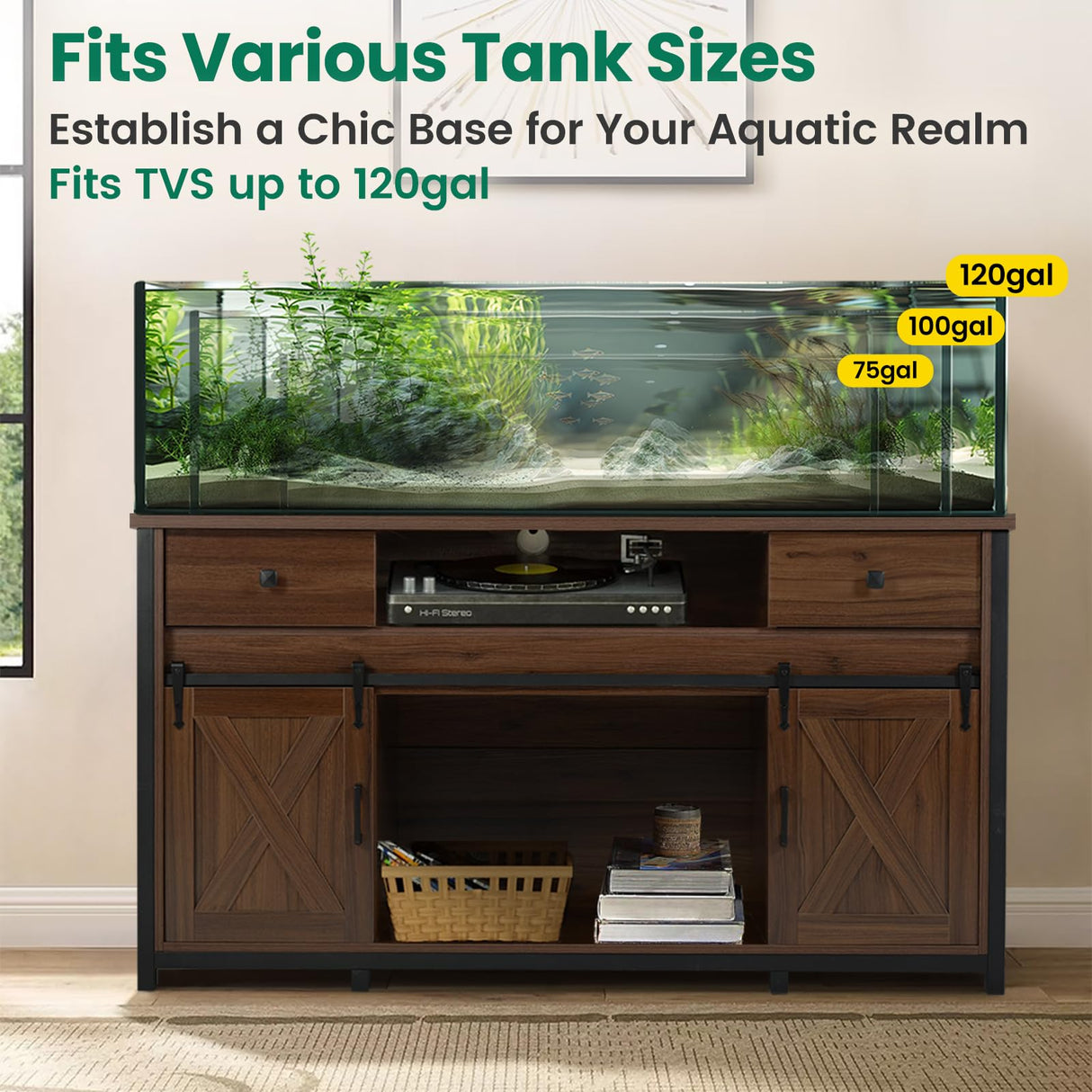 Fantico 75-120 Gallon Aquarium Stand with Power Outlets - Dual Aquarium Support, Cabinet Storage, Thick Hardwood Top, Versatile Socket with Adjustable Panels, 1200 lbs Capacity, Rustic Brown Fantico