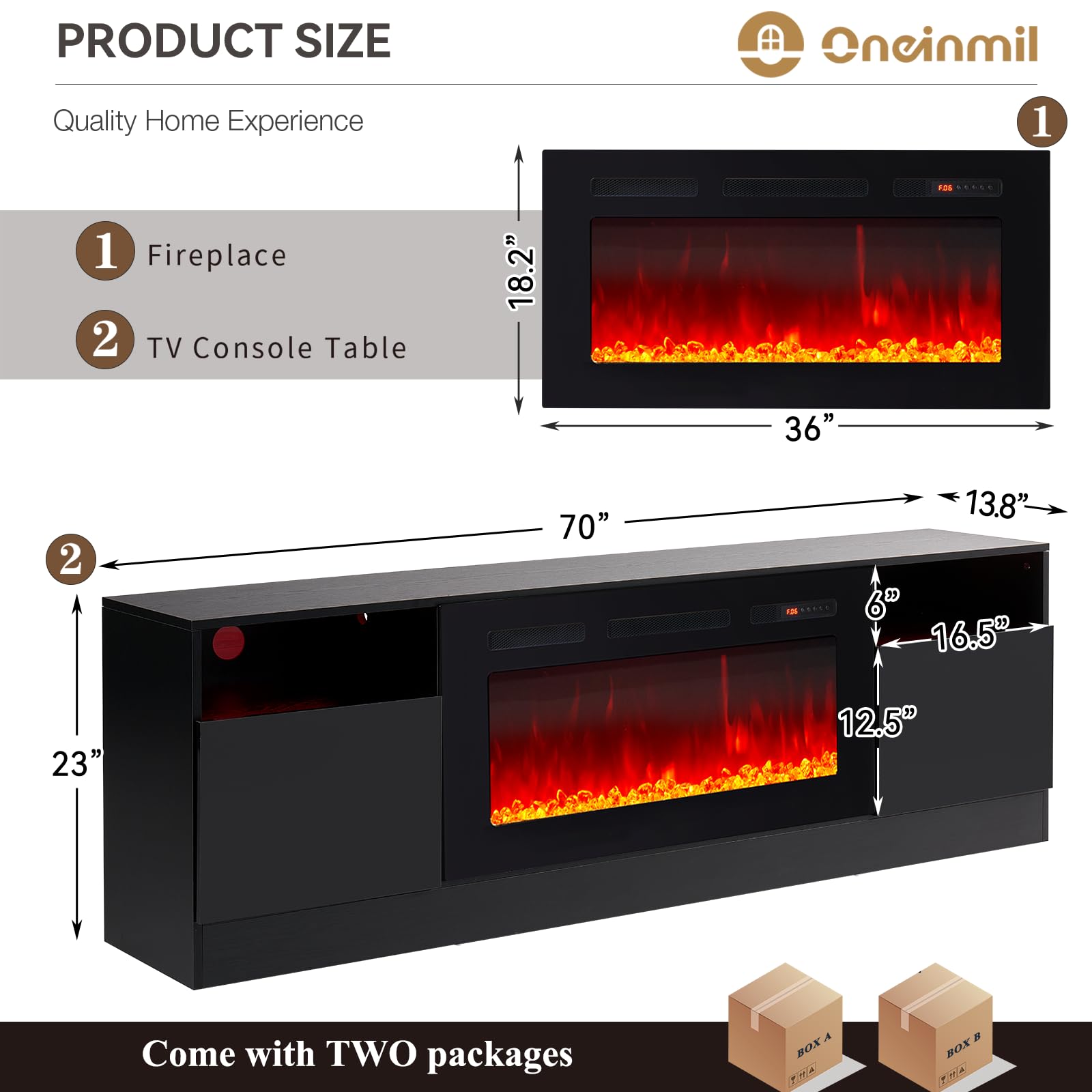 oneinmil Fireplace TV Stand with 36" Electric Fireplace, LED Light Entertainment Center, Modern Wood Texture Entertainment Stand with Highlight Storage Cabinet for TVs Up to 80", 70 inches, B - WoodArtSupply