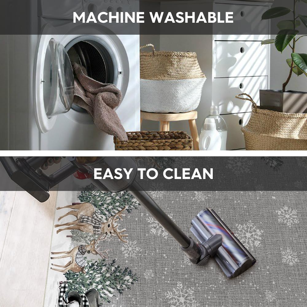 Artoid Mode Grey Snowman Deer Tree Christmas Area Rug, Winter Home Decor Low-Profile Washable Area Rugs for Entryway Bedroom Living Room Laundry Room Indoor 5x7 Feet Artoid Mode