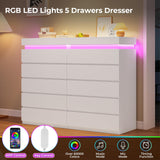 BTHFST Tall White Dresser for Bedroom with LED Lights, LED Modern 5 Drawers Chest of Drawers for Closet, Wood Tall 5 Drawer Dresser for Living Room Hallway Entryway BTHFST