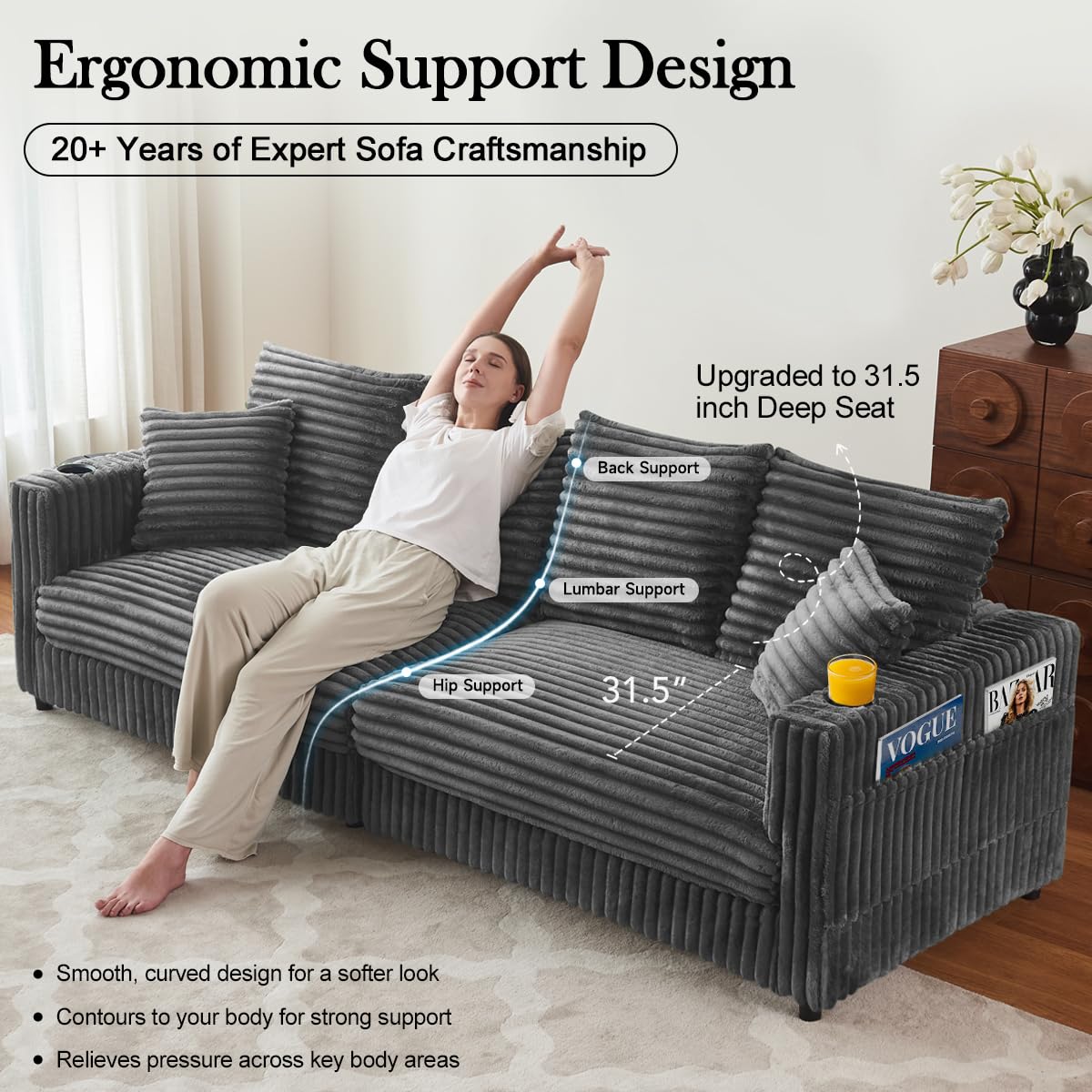 Kalafini 104'' Cloud Couch Loveseat, Oversized 4 Deep Seats Modular Sectional Sofa with Cup Holders & Storage, Plush Corduroy Upholstered Memory Foam Couches for Living Room, Apartment, Office (Grey) Kalafini