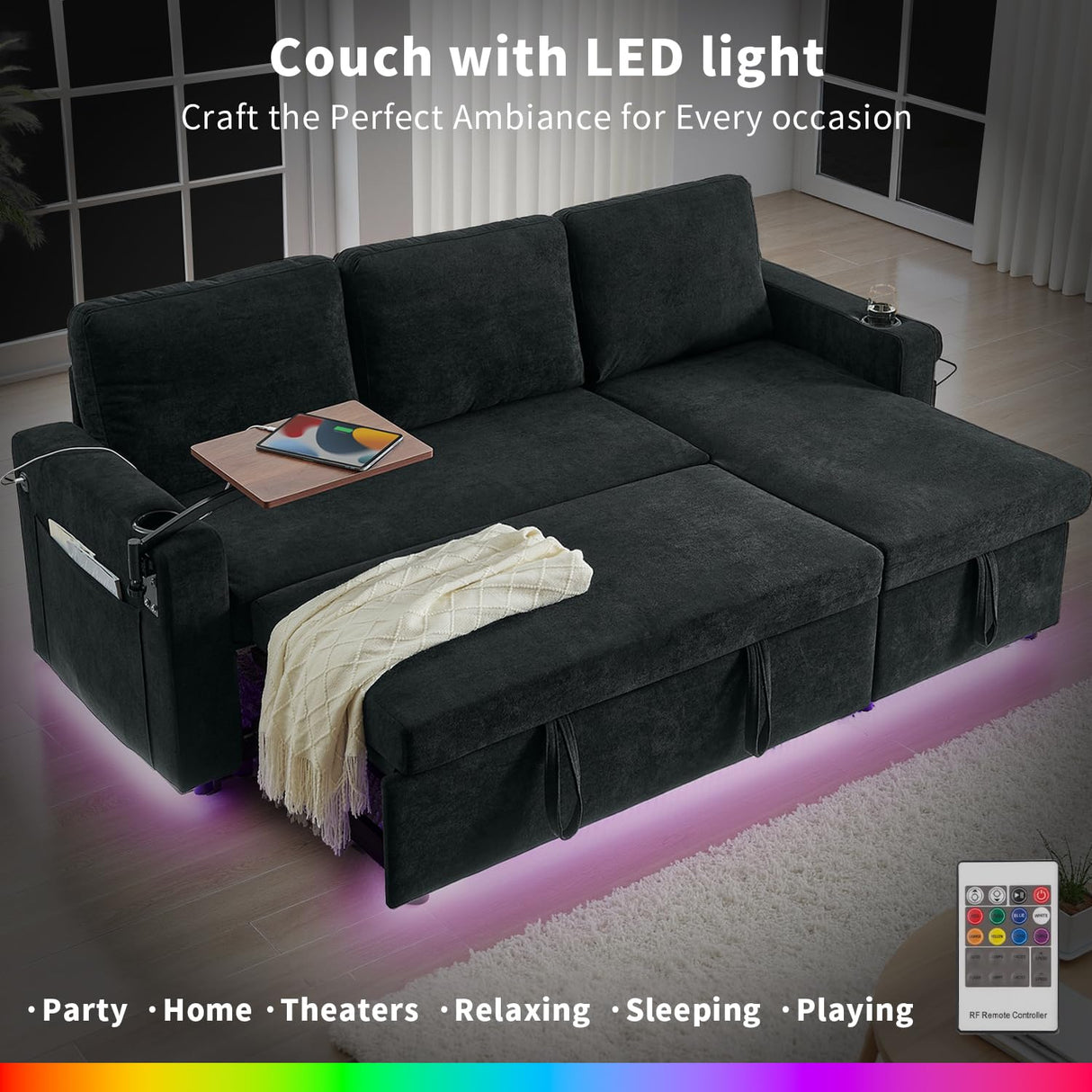VOHOBY Sleeper Sofa Bed, 85” Pull Out Couch for Living Room with Reversible Storage Chaise,3 in 1 Sofa Couch with Retractable Table | Charging Station | Cup Holder | LED Lighting, Chenille (Black) VOHOBY
