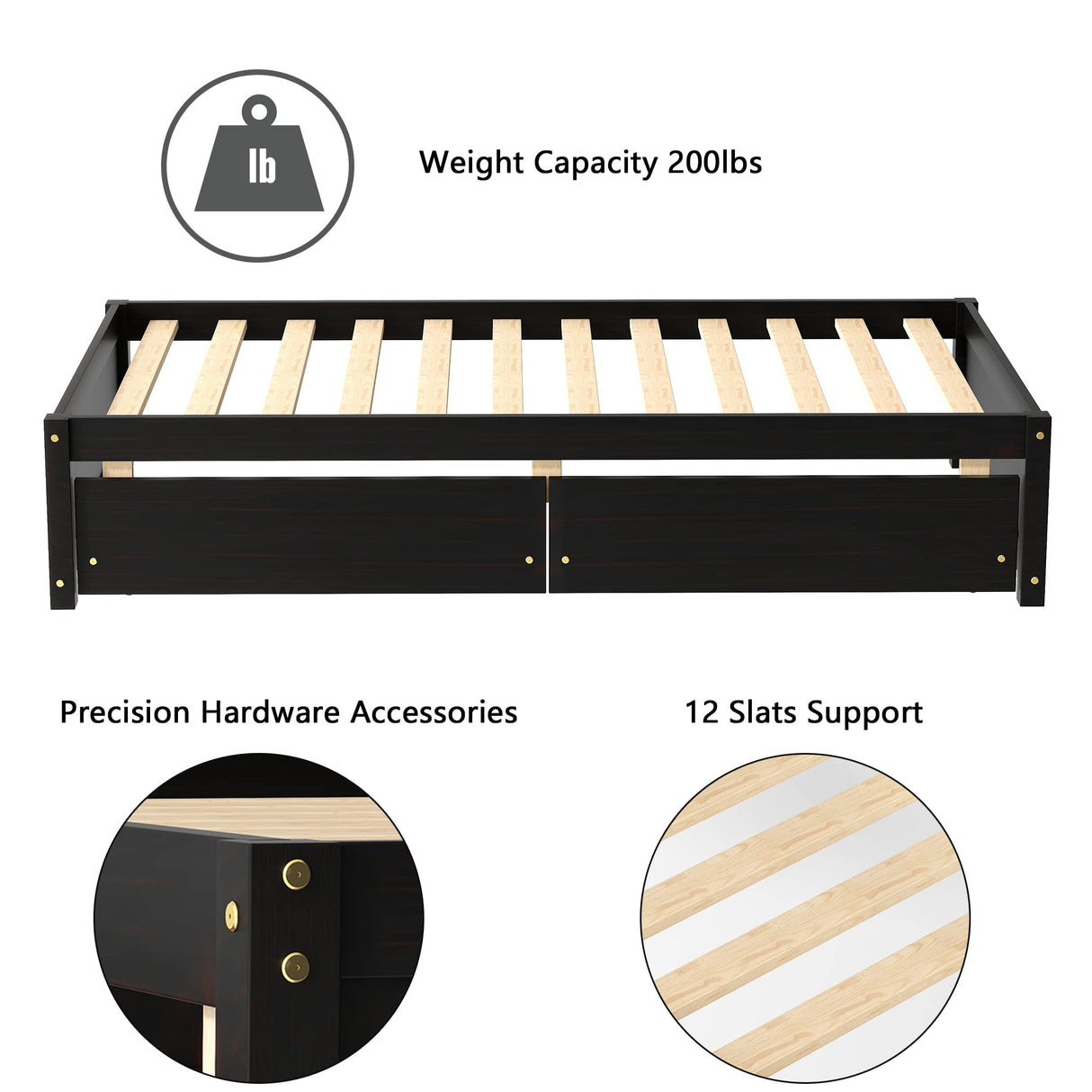 Dolonm Twin Size Solid Wood Platform Bed Frame with 2 Storage Drawers - Espresso Finish Dolonm