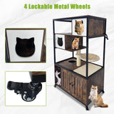 Cat Tree with Litter Box Enclosure 57.5''H Wooden Cat Tower Cabinet with Wheels Dog Proof Corner Hidden Litter Box with Condo, Hammock and Scratching Post Retro Brown GarveeHome