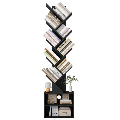 Azaeahom 8 Tier Tree Bookshelf, Wood Bookcase with Storage Cabinet, Modern Tall Narrow Bookshelves Organizer, Floor Standing Book Shelf for Bedroom/Living Room/Home Office/Corner (Black, 8 Tier) Azaeahom