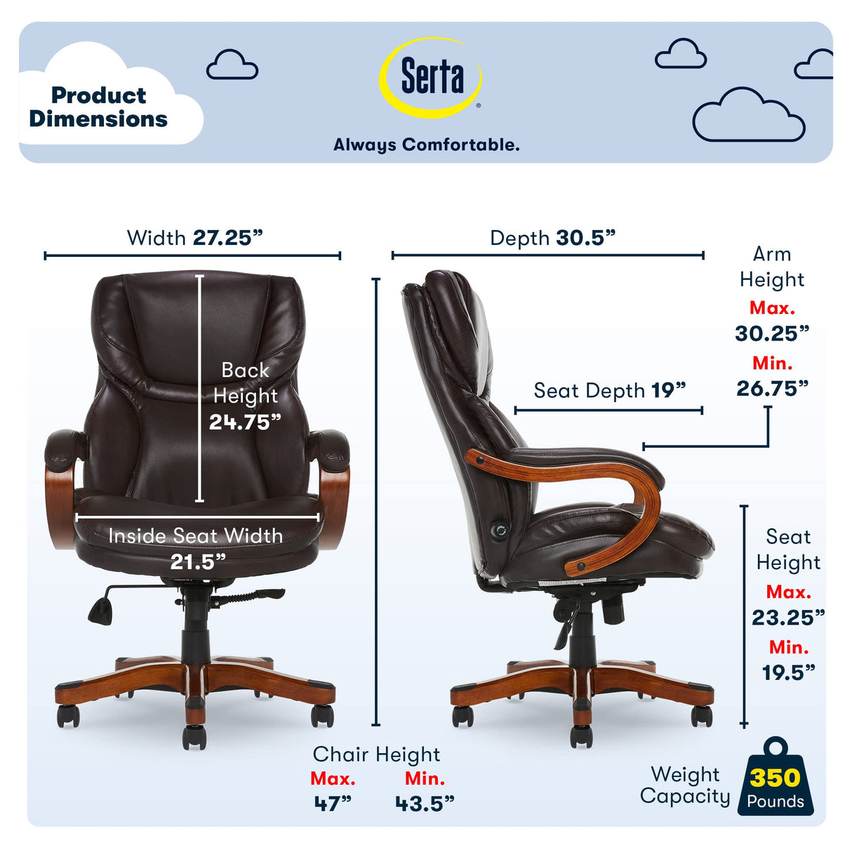 Serta Big and Tall Executive Office Chair with Wood Accents, Adjustable High Back Ergonomic Computer Chair with Lumbar Support, Bonded Leather, Brown Serta