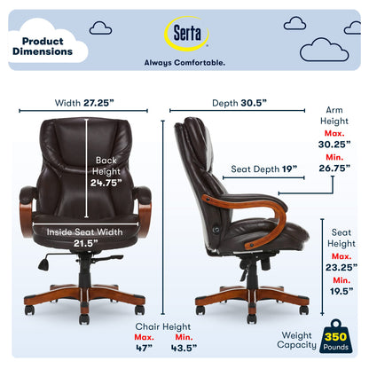 Serta Big and Tall Executive Office Chair with Wood Accents, Adjustable High Back Ergonomic Computer Chair with Lumbar Support, Bonded Leather, Brown - WoodArtSupply