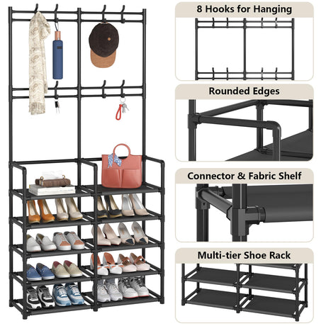 Laiensia 5-Tier Entryway Coat Rack, Coat and Shoe Rack, Entryway Bench Storage Organizer with 8 Hooks for Bedroom, Hallway, Office, Black Laiensia