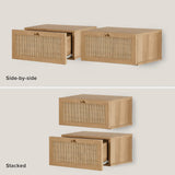 mopio Hannah Floating Nightstand, Natural Rattan Farmhouse Boho Wall Mounted Space Saving Bedside Tables, Nightstands, Drawer with Spacious Storage, for Bedroom, Living (Single) mopio