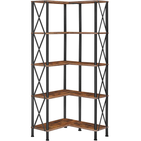 HOOBRO Corner Bookshelf, 5-Tier L-Shaped Bookcase, Industrial Open Display Shelf Tall Storage Organizer, Vertical Storage Rack, for Living Room, Home Office, Rustic Brown and Black BF60SJ01 HOOBRO
