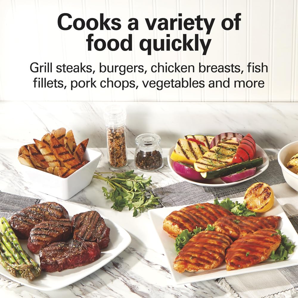 Hamilton Beach Electric Indoor Grill, 6-Serving, Large 90 sq. in. Nonstick Easy Clean Plates, Floating Hinge for Thicker Foods, 1200 Watts, 6.38"D x 12.68"W x 13.78"H , Silver (25371) Hamilton Beach