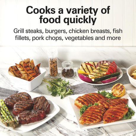 Hamilton Beach Electric Indoor Grill, 6-Serving, Large 90 sq. in. Nonstick Easy Clean Plates, Floating Hinge for Thicker Foods, 1200 Watts, 6.38"D x 12.68"W x 13.78"H , Silver (25371) Hamilton Beach